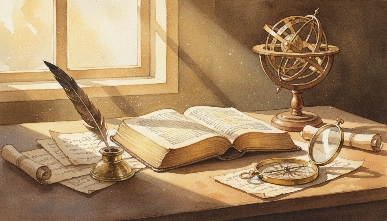 A scholar's desk with an open Bible, quill pen, brass armillary sphere, and compass — representing the intersection of Scripture study and careful methodology