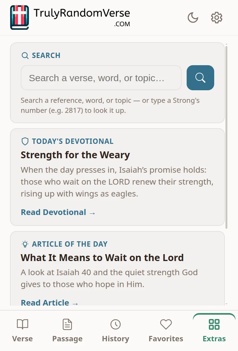 Extras tab with search, Strong's lookup, devotional, and article of the day