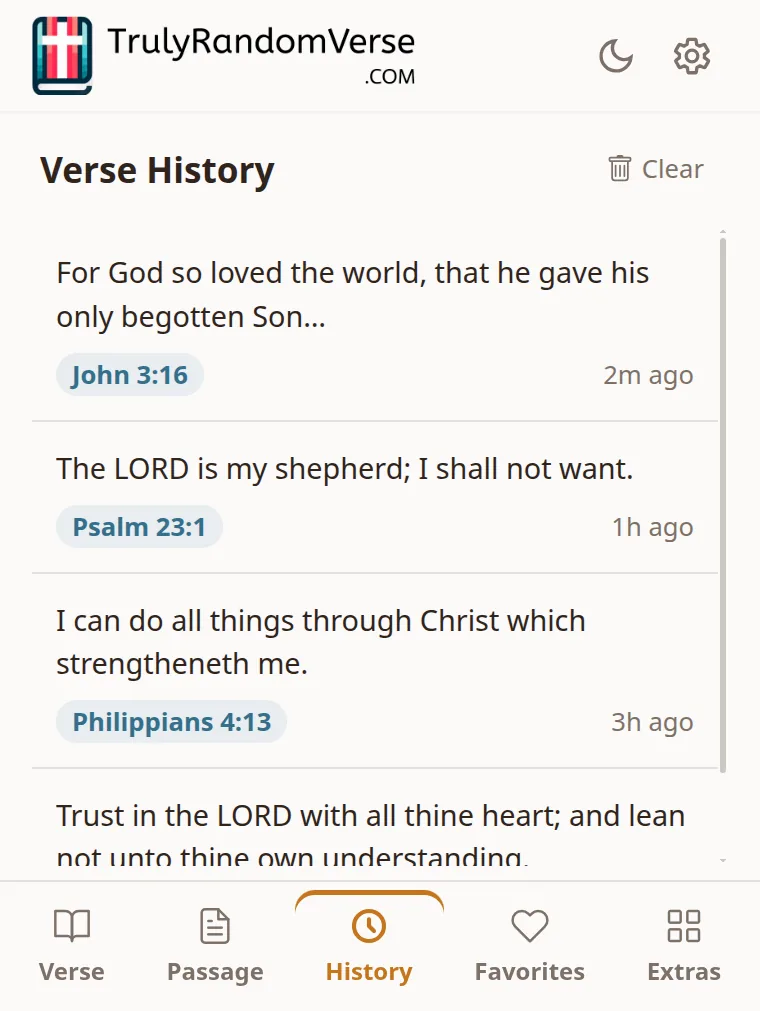 Verse history showing recently viewed verses with timestamps