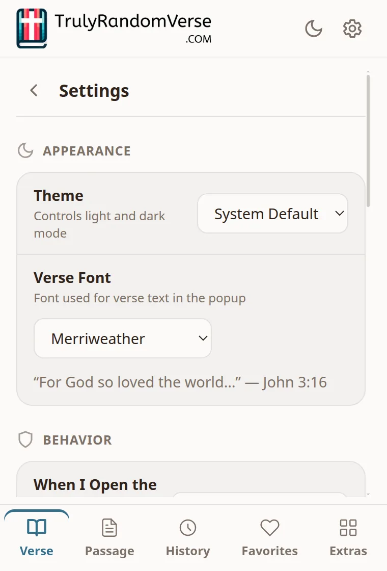 In-popup settings with theme, fonts, filters, and notification scheduling