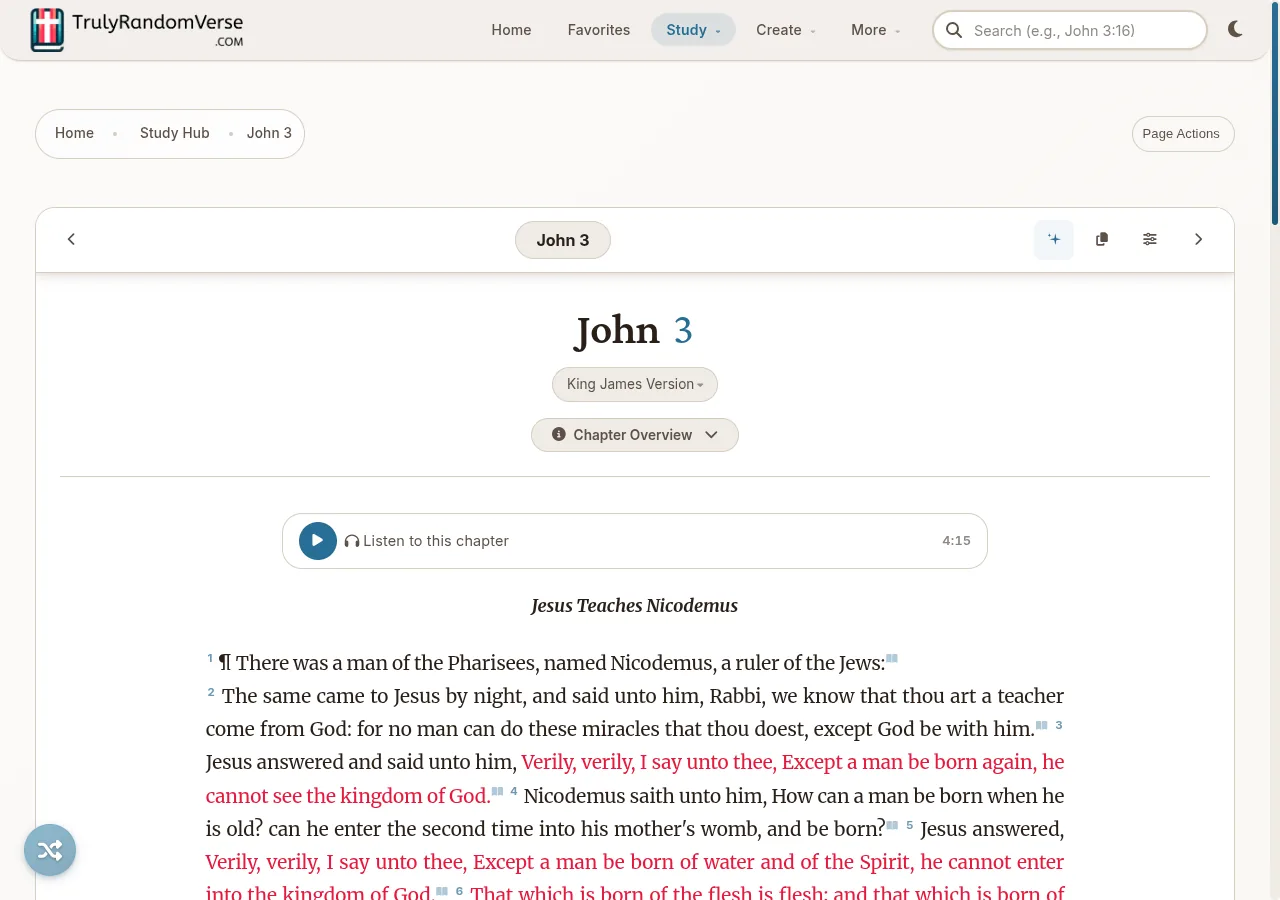 The chapter reader showing John 3 in the King James Version with a study-note heading ('Jesus Teaches Nicodemus'), the audio player, red-letter words of Christ, and the version selector plus chapter-overview and typography controls