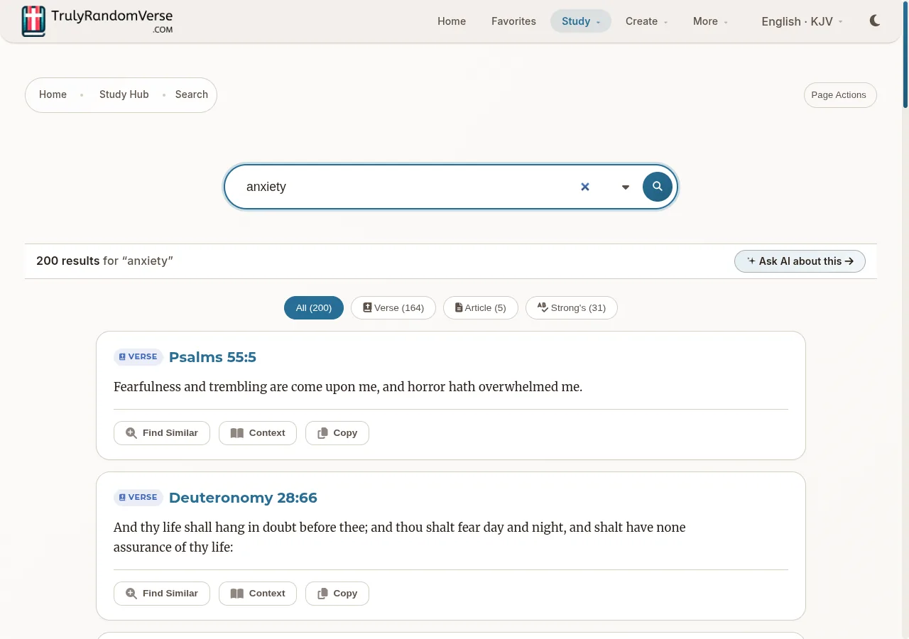 Search results for 'anxiety' showing 200 matches across All / Verse / Article / Strong's tabs, an Ask AI about this CTA, and the first result Psalms 55:5 with Find Similar / Context / Copy actions