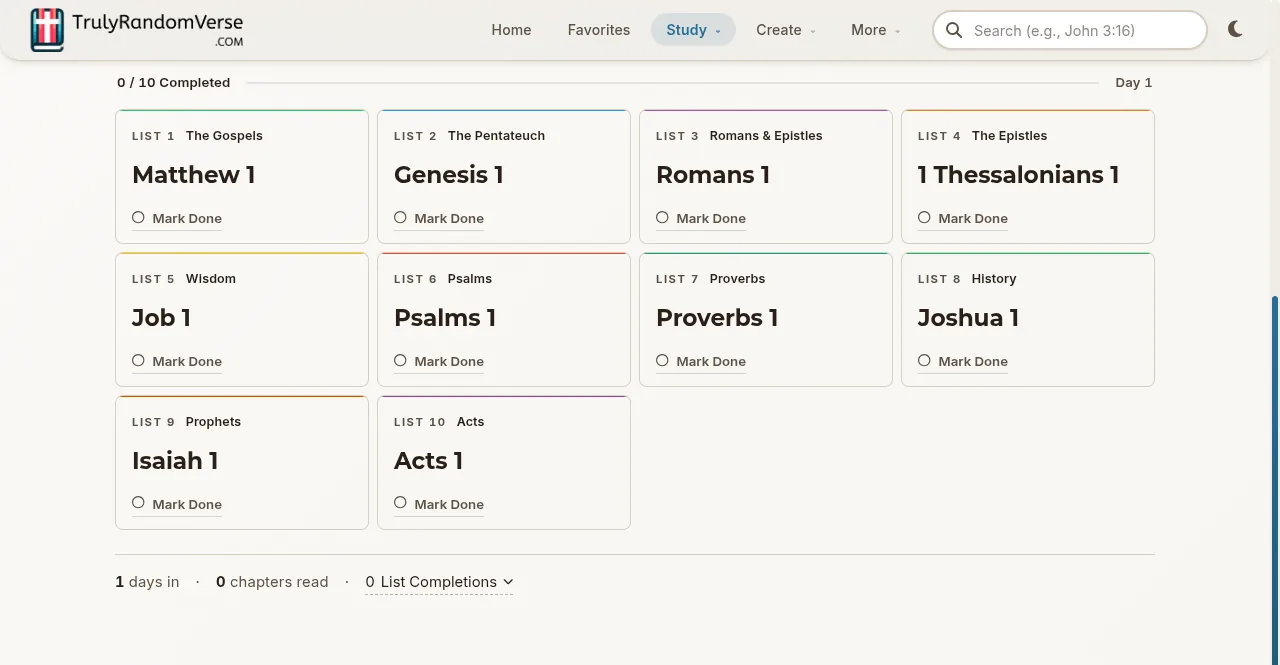 The Ten Lists tracker on Day 1 with a 0/10 progress bar and all ten color-coded list cards — Matthew 1, Genesis 1, Romans 1, 1 Thessalonians 1, Job 1, Psalms 1, Proverbs 1, Joshua 1, Isaiah 1, and Acts 1 — each with a Mark Done control