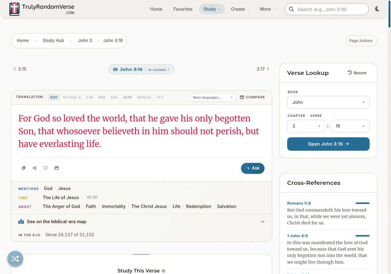The verse study page for John 3:16 showing all seven parallel English version tabs, the KJV verse text in red letters, verse tags (God, Jesus, The Life of Jesus, Faith), cross-references, and a Verse Lookup panel
