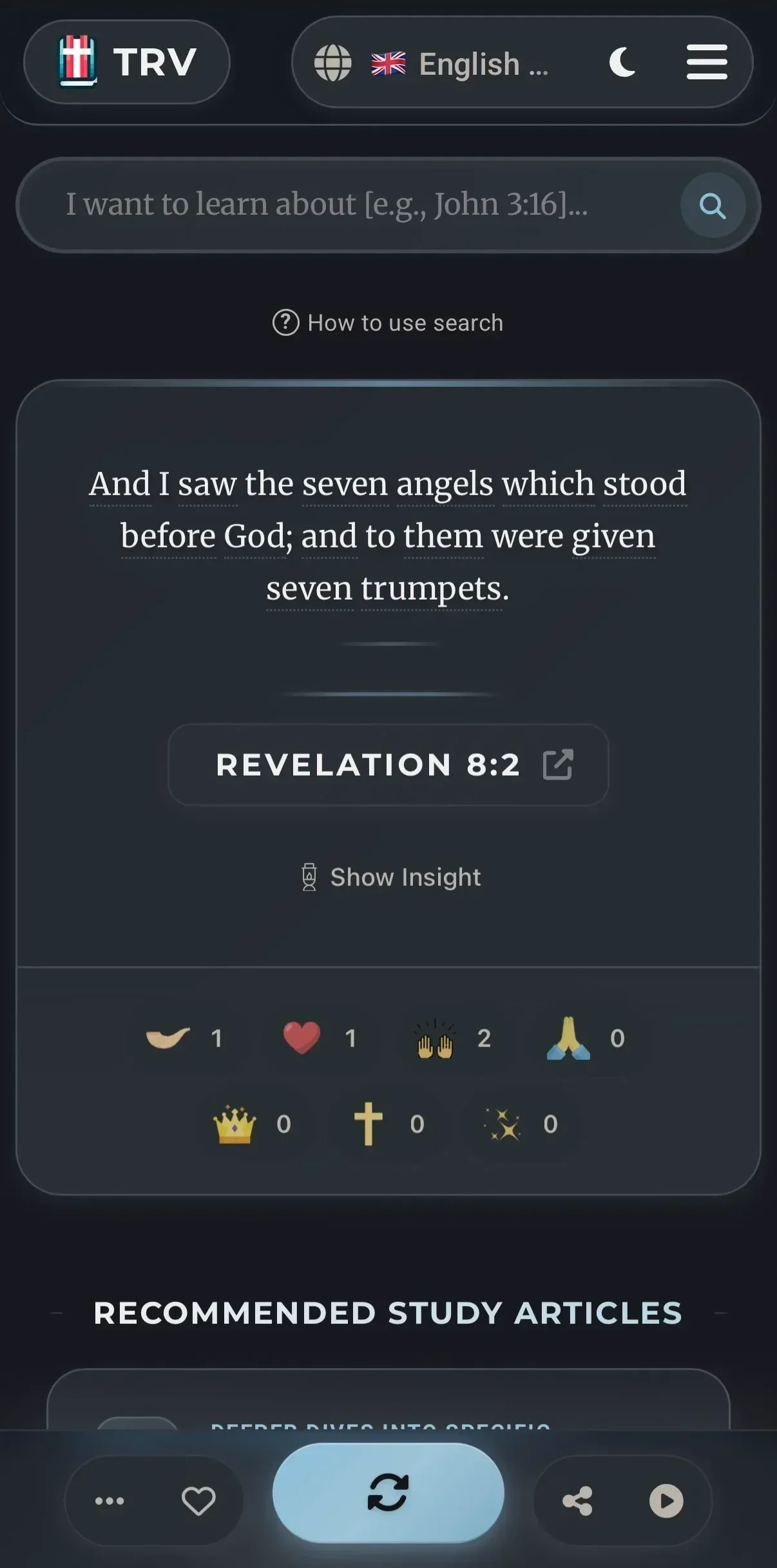 TrulyRandomVerse app in dark mode
